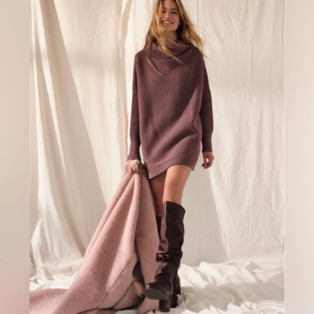 Free People Ottoman Slouchy Tunic sweater brown, nutmeg mock neck oversized XS